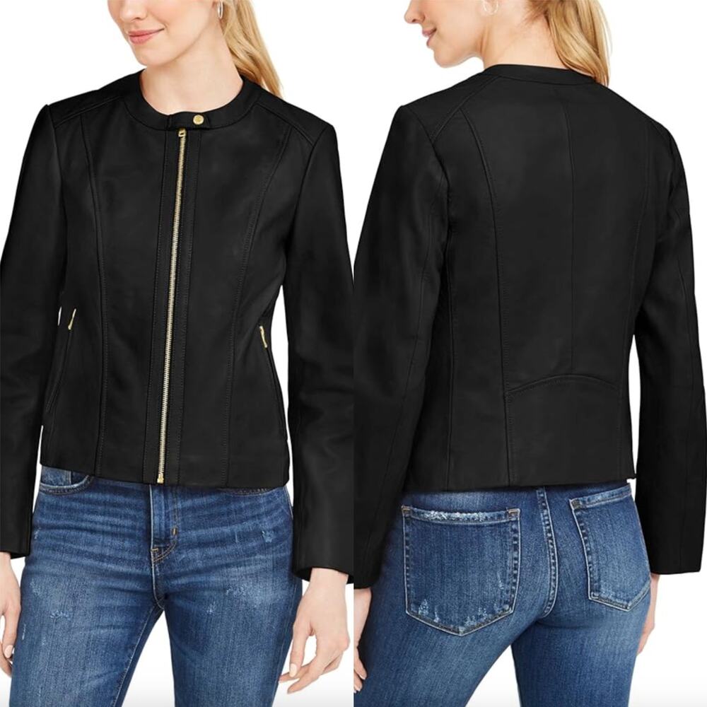 NEW Cole Haan Black 100% Lambskin Leather Moto Jacket Size Small Staple Rock